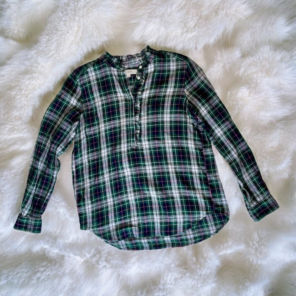 LOFT green plaid blouse black white red soft comfy button down ruffle neck
